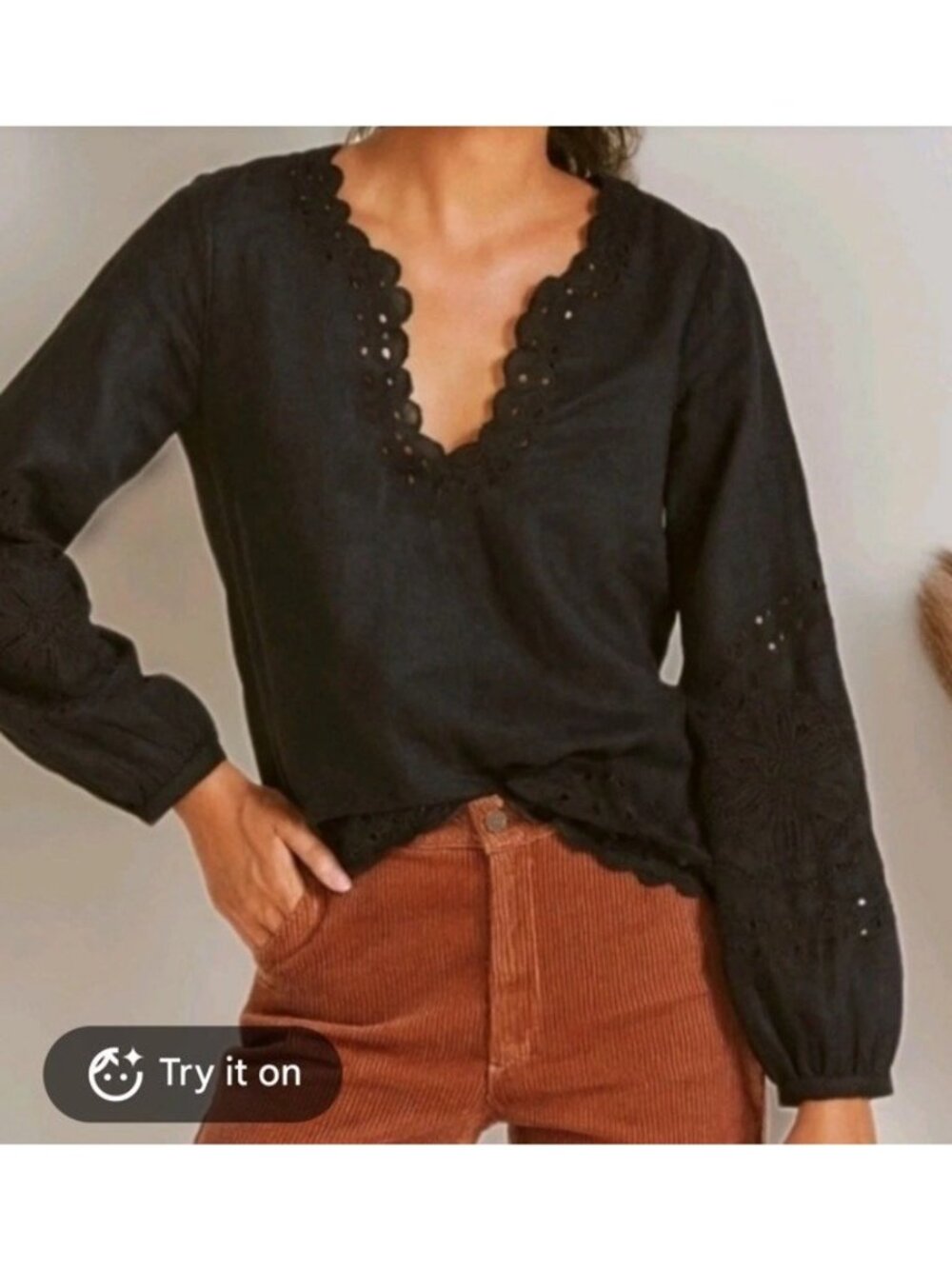 J Crew Bungalow Top Womens Small Black 100% Linen Eyelet Scalloped V-Neck Blouse